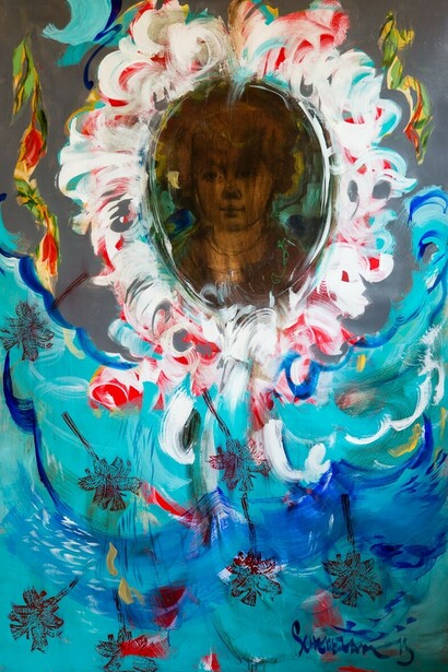 Scherezade García, "Souvenir II," 2015 (detail). 72" x 48". Acrylic, pigments, charcoal, collage and ink on canvas
