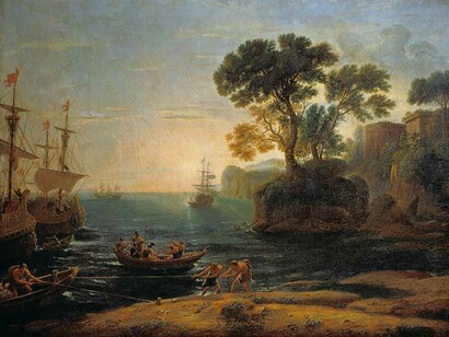 Claude Lorrain, Marina con lo sbarco di Enea nel Lazio, 1650, olio su tela, Museo Pushkin, Mosca, Russia