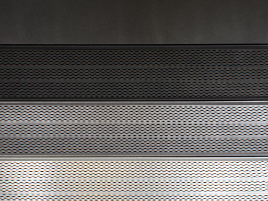 Xavier Mary, Krauss (detail), 2014, Brushed anti noise panels, textured metallic powder, brushed aluminum profile, 240 x 300 x 12,5 cm, Courtesy Galerie Albert Baronian