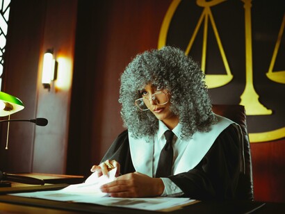 A traditionally dressed judge examining a confidential dossier at the bench