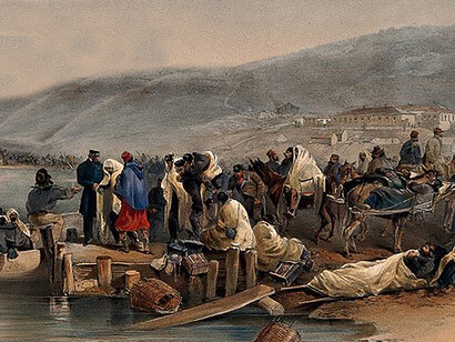Crimean War, Balaklava: embarkation of the sick. Coloured lithograph by E. Morin, 1855, after W. Simpson