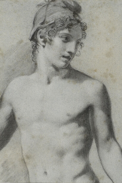 Pierre-Paul Prud’hon, Paris, Prince of Troy, black and white chalk on blue-tinted paper, © cliché Bernardot- Musée Baron Martin-France