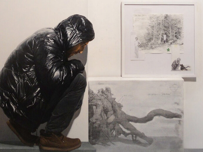 Matteo Tenardi, Luoghi instabili (ipotesi d'installazione #1 e #2 per una radice), 2015, olio e tempera su tavola + penna e grafite su carta e tavola, cm.  160x150