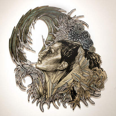 Dennis McNett, Ice Queen in Winter Water, collaboration with Swoon, woodcarving and pasted woodcut print, 42 x 46 inches (106.68 x 116.84 cm)