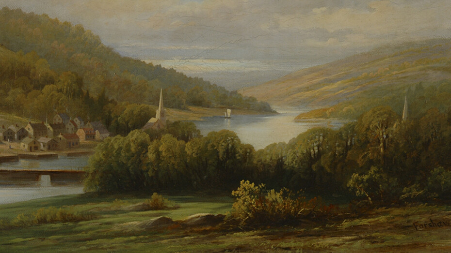 Forshaw Day, View on Bear River, Digby County, Nova Scotia, c 1875, Oil on canvas, 30.8 x 46.0 cm. Bequest of Dr. Thomas Trenaman, Halifax, Nova Scotia, 1914
