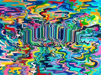 Mike Perry, Interpenetrating Channels,
2024.
Gouache on Canvas,
72 x 96 x 4 in. (182.88 x 243.84 x 10.16 cm). Courtesy of the artist and Richard Taittinger Gallery