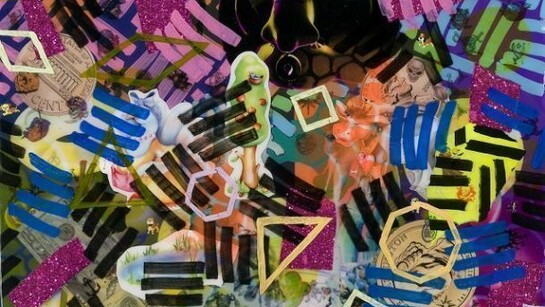 John Walter, Hot Corners, Digital print, resin, temporary tattoos, acrylic, vinyl, paint pen and collage on canvas, 61 x 76cm, 2013