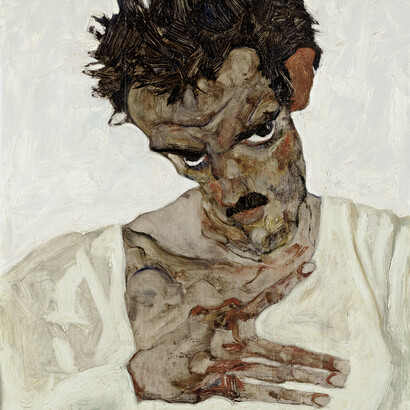 Egon Schiele, (1890 – 1918), Selbstbildnis mit gesenktem Kopf, 1912, Ausschnitt, Öl auf Leinwand, 42,2 x 33,7 cm, Leopold Museum, Wien, Foto: Leopold Museum, Wien/Manfred Thumberger