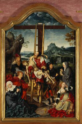 Joos van Cleve, Triptych. Centre: the Deposition from the Cross; Left wing: St John the Baptist with a Donor; Right wing: St Margaret of Antioch with a Donatrix