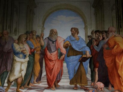 Two philosophers taking a stroll as Socrates (pink) and Plato (blue) are philosophizing about whatever comes forth