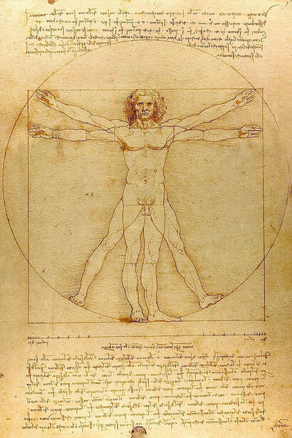 Leonardo da Vinci, disegni. Studio di proporzioni del corpo noto come Uomo vitruviano (c. 1492)