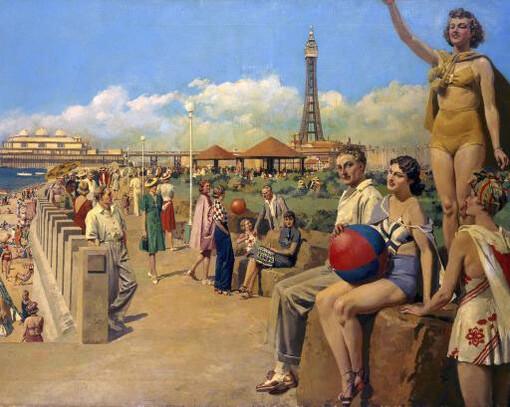 Blackpool c.1937, (London, Midland and Scottish Railway poster artwork), by Fortunino Matania. Fortunino Matania, Blackpool c.1937, (London, Midland and Scottish Railway poster artwork), National Railway Museum York © The copyright holder. 