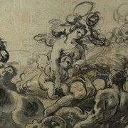 Disegno - Luca Giordano, Il carro di Teti, 1682-1685
Matita, inchiostro e acquerello su carta bianca; mm. 190 x 130
Napoli, Società Napoletana di Storia Patria, inv. 1107  
