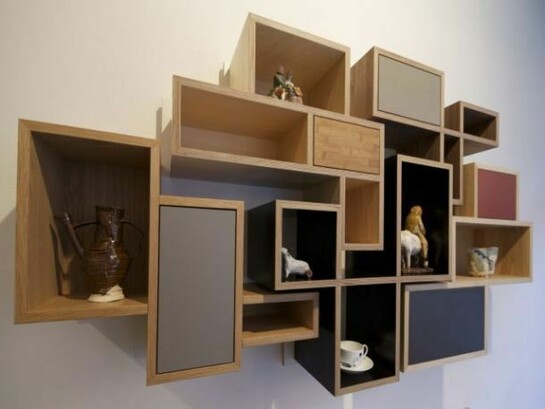 Sam Scott, Shelved 1, 2014, with selection of work from various artists, installation view of Mixed Display 2014 at Marsden Woo Gallery, photo © Philip Sayer, courtesy of Marsden Woo Gallery, London