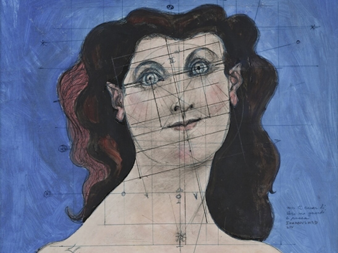 John D. Graham (American, born Ukraine, 1886–1961), "Head of a Woman", 1954. Oil, chalk, ballpoint pen, colored pencil, pencil, brush, pen, and ink on tracing paper, 24 1/4 x 18 7/8 inches. Collection of Leonard and Louise Riggio, New York. Photo by John Labbe.