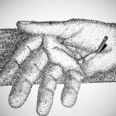 Giancarlo Marcali, E tutto diventa freddo (dettaglio mano dx), 2011, Polittico di quattro elementi, grafia su cartoncino, cm 70x50 ognuno