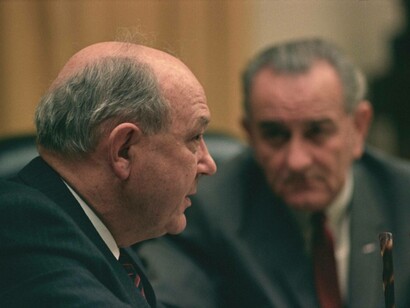 Secretary of State Dean Rusk and then-President, Lyndon B. Johnson
