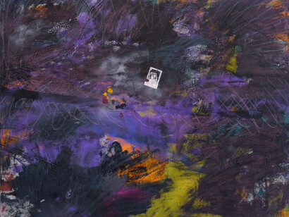 Mary Griffin, Sundown Bog, 2022, acrylic and paper ephemera on canvas, 60x70 inches. Courtesy of the artist and Dreamsong Gallery