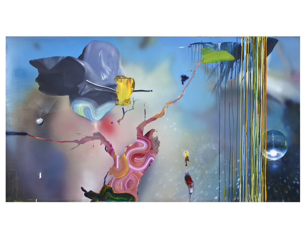 Tom LaDuke, Polyrhythmic Looping, 2014, acrylic and glitter on canvas over panel, 53 x 95 x 2 inches