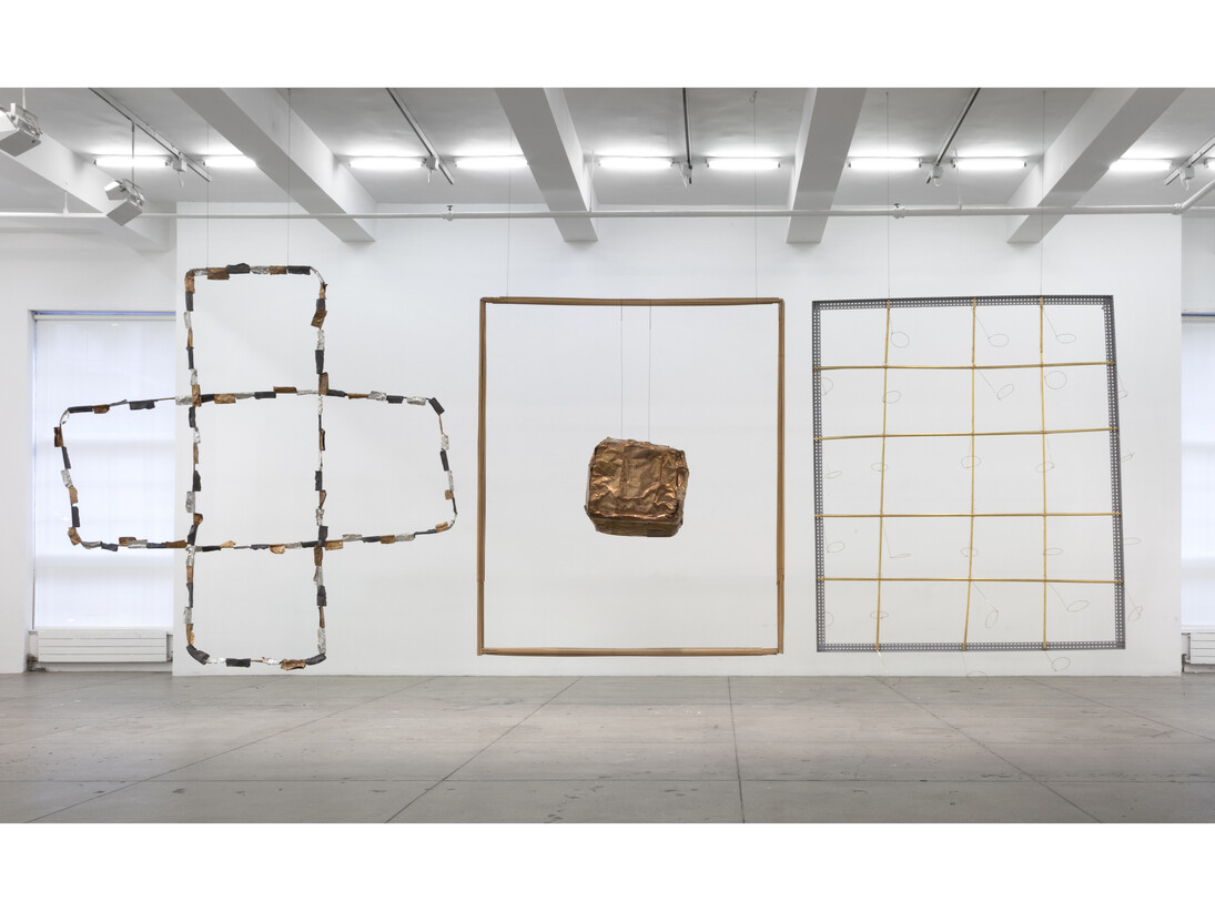 Luciano Fabro, Cristo, Buddha, Zarathustra (Gioielli), (Christ, Buddha, Zarathustra (Jewels)), 1981, Metal, lacquered iron, wood, copper, bronze leafs, aluminium, lead, Cristo: 98 7/16 x 84 5/8 x 15 3/4 in. (250 x 215 x 40 cm); 26 elements: diameter: 17 11/16 x 5 1/2 in. (45 x 14 cm) (each), Buddha: 98 7/16 x 84 5/8 in. (250 x 215 cm); 39 3/8 x 19 11/16 x 19 11/16 in. (100 x 50 x 50 cm), Zarathustra: 39 1/3 x 106 1/3 in. (100 x 270 cm), No. 16758