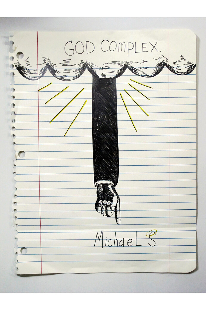 Michael Scoggins, God Complex, 2014, graphite, marker, colored pencil on paper, 67”X51”