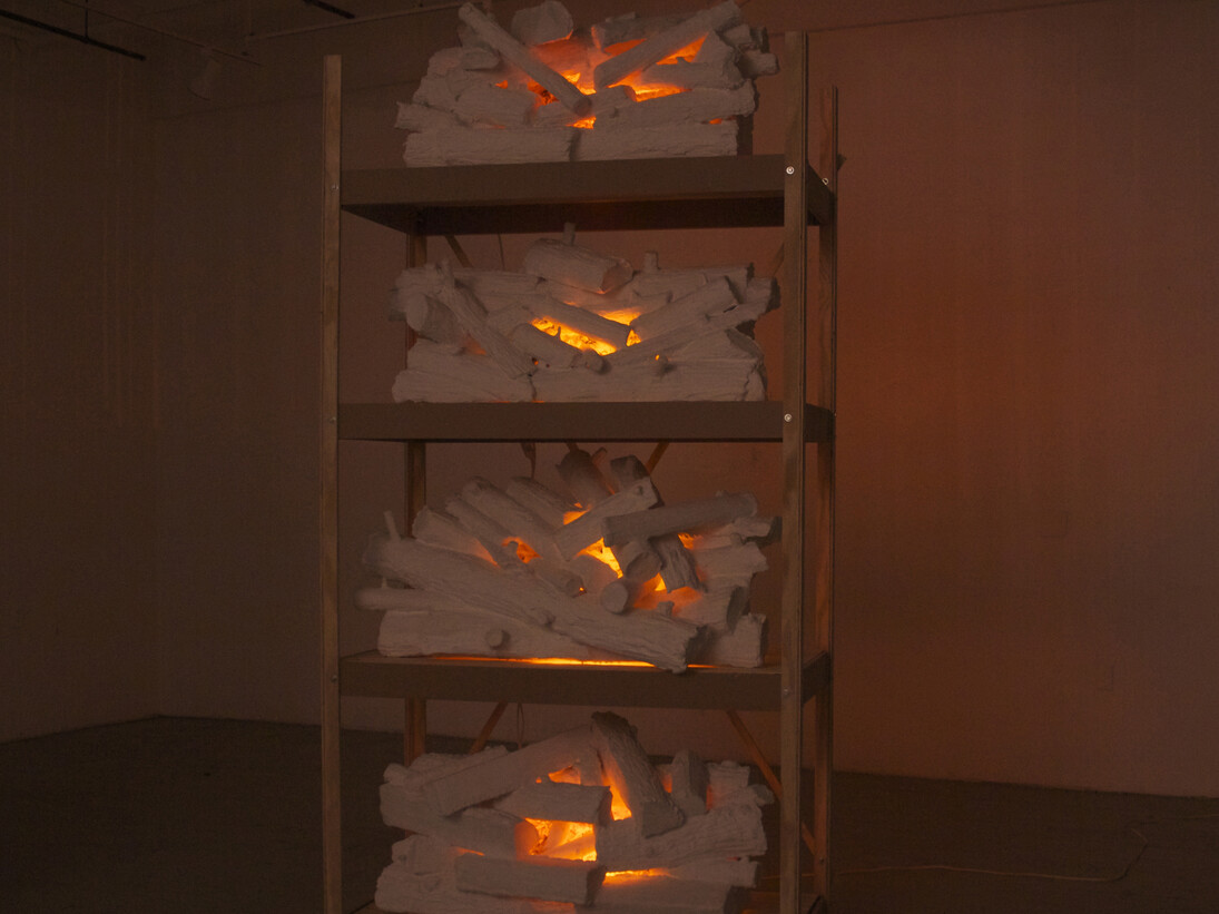 Tony Bragg, New Fire (shelves), 2014-2015
Hydrocal, foam, plywood, MDF, wire, reflective mylar, aluminum, motors, lightbulbs, and wiring, 108 x 50 x 26 in.

