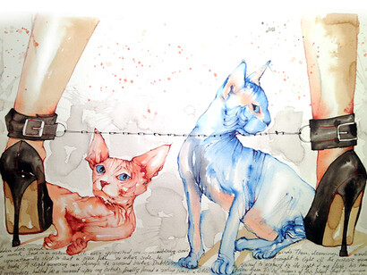 Demi Kaia, Sphynx, Andrew & Alfred, ink & pencil on paper, 70 x 85 cm