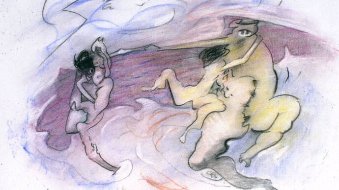 Dorothea Tanning, Combat, 1971-86, Charcoal and Pastel on paper, © The Estate of Dorothea Tanning; Courtesy The Dorothea Tanning Foundation and Alison Jacques Gallery, London; Photography Michael Brzezinski