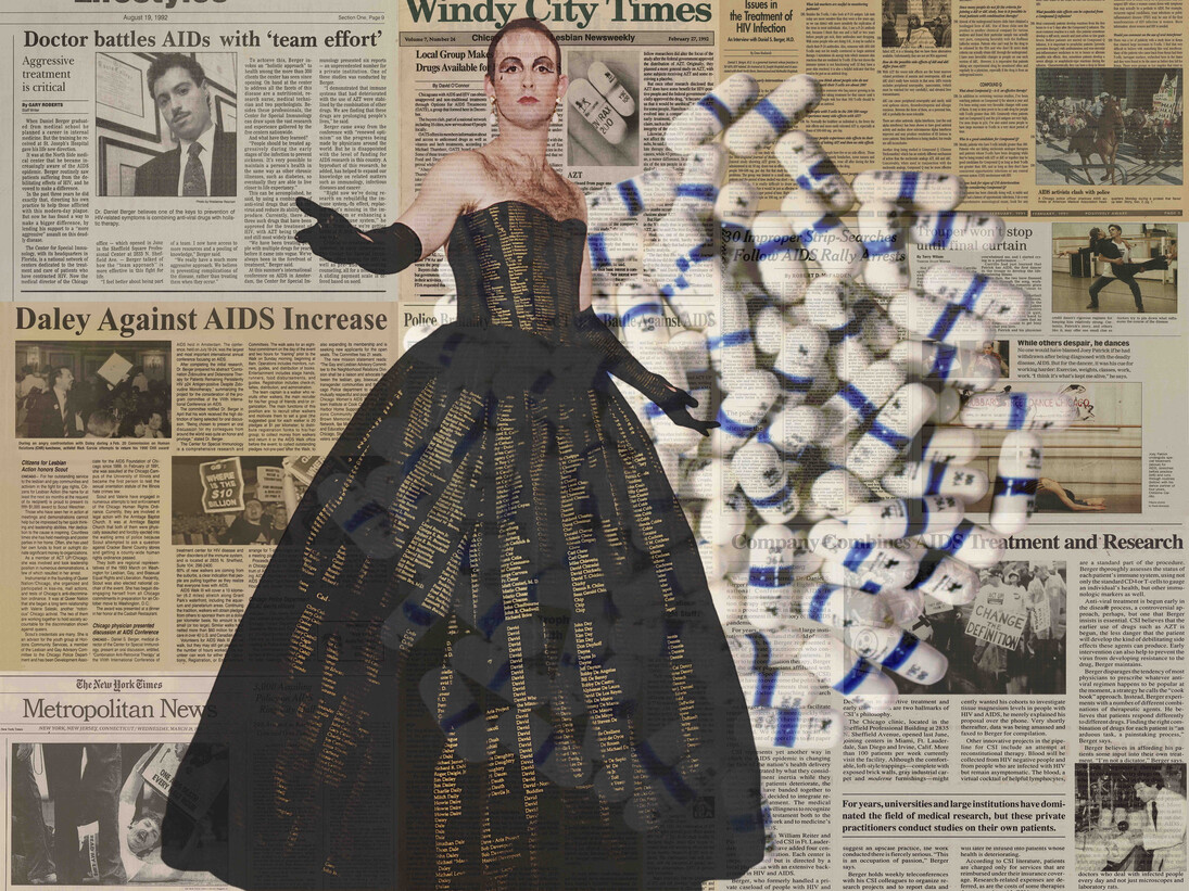 Survival AIDS Series 2 (ACT Up Chicago with Memorial Dress photographed by Maxine Henryson) 2015, archival c-prints and thread, 48 x 60 inches, copyright Hunter Reynolds, courtesy PPOW Gallery