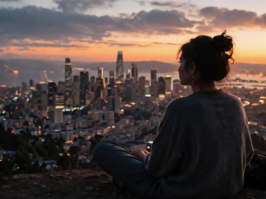 A solitary moment of reflection above the city, where stillness and self awareness rise above the noise of a fast moving world