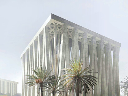 Abrahamic House, Abu Dhabi: the building form consists of three cubes representative of the three religions, sitting atop a plinth