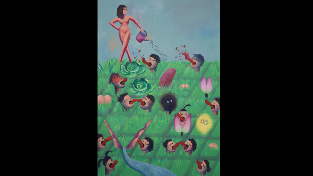 Wo Xinyu, Miss Wonderful's Incredible Garden, 2022, oil on canvas, 24x36 inches. Courtesy of the artist and VillageOneArt Gallery