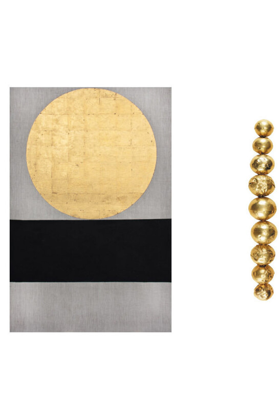 Patrick Scott, Meditation Painting 28, 2007, Gold leaf and acrylic on unprimed canvas, 120.2 x 81 cm, Collection Irish Museum of Modern Art, Donation, the artist, 2013, Photograph © the artist’s estate. Photographer: Clare Lymer & Gold beads, Tumna, Co. Roscommon, late Bronze Age c.900-700 BC Collection National Museum of Ireland – Irish Antiquities
Photograph © National Museum of Ireland
