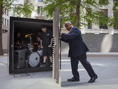 João Onofre, Box sized DIE featuring… , 2007-2014. [Unfathomable Ruination, London, 2014]. Iron, acoustic isolation materials, 183 x 183 x 183 cm. Courtesy Marlborough Contemporary, © the artist