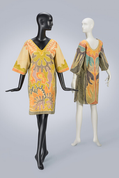 K. Lee Manuel, Tunic blouses 1964–1965. Cotton, hand-painted, (L) 97 x 113 cm (38 3/16 x 44 1/2 in.); (R) 96.8 x 117.3 cm (38 1/8 x 46 3/16 in.). Gift of Barbara Feigel, (L) 1190.57.4; (R) 1990.57.2