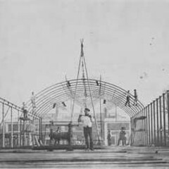 Exterior view of the roof of the South Kensington Museum (the 'Brompton Boilers') under construction, albumen print, 1856. Museum no. 34:966 CIS. © Victoria and Albert Museum, London.