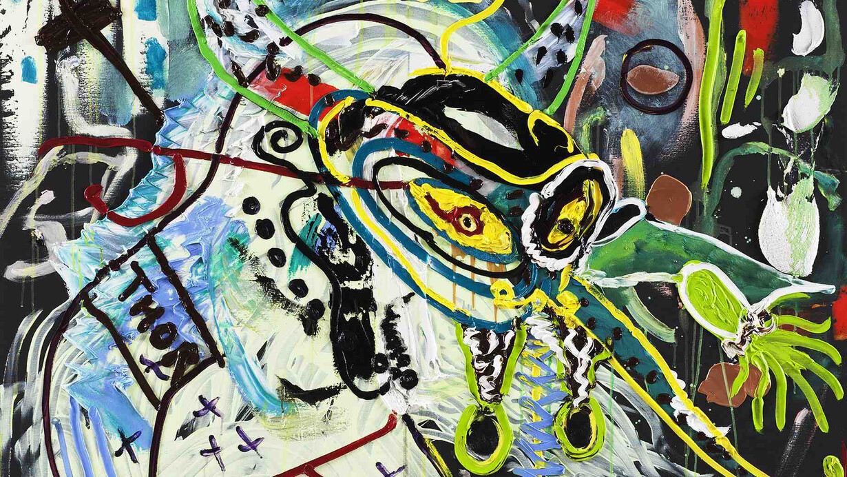 Jonathan Meese, DIE KLEINE FRISCHZELLENKUR "SCHNURRZN" GREIFT DIE WALDMEISTER BEDINGERLT BONONON, 2014, oil, acrylic, acrylic modelling paste and mixed media on canvas, 210,7 x 140,4 cm / 83 x 55 ¼ in. Courtesy Jonathan Meese et Galerie Daniel Templon, Paris. Photo Jan Bauer (detail)