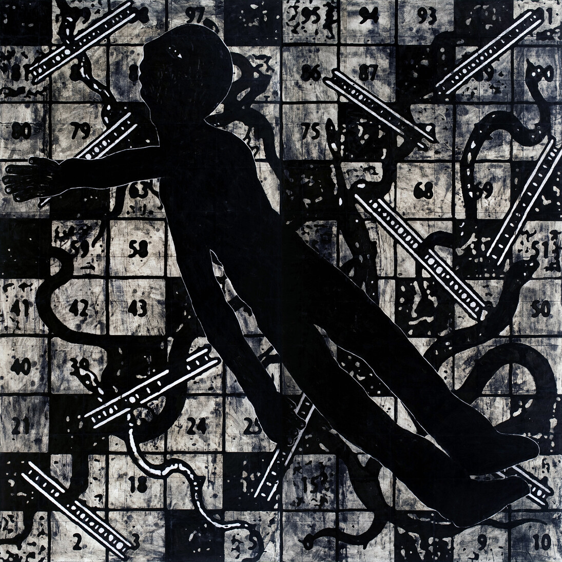 Sadik Kwaish Alfraji, Snakes and Ladders, 2014, Indian ink, charcoal on canvas, 243 x 243 cm