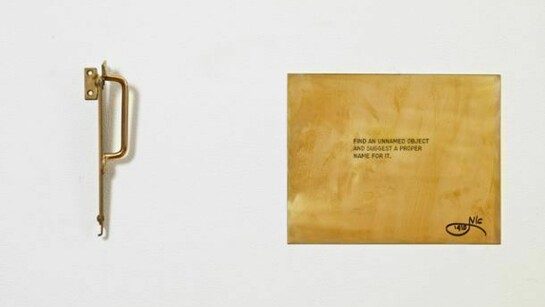Luis Camnitzer, Assignment #6: Find an unnamed object and suggest a proper name for it., 2011 From the series "The Assignment Books" Plaque de cuivre et médias mixtes, Courtesy Alexander Gray Associates, New York
