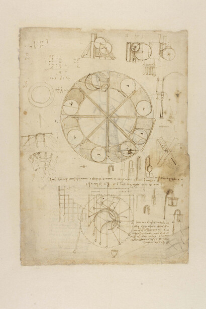 Meccanica, Studi sul moto perpetuo  e studi di architettura (SB), puntasecca, penna e matita, 343 x 245 mm, C.A. f. 778 r (ex 286 r a), circa 1499-1500.

