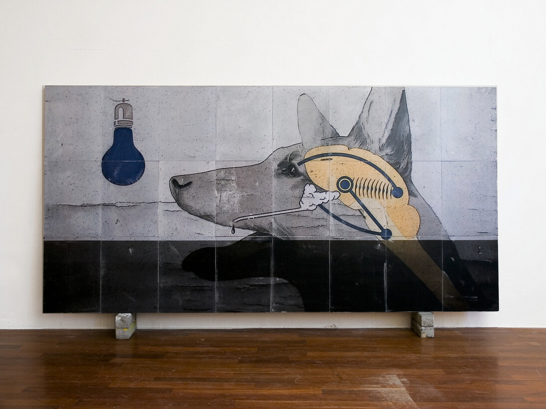 Jacopo Mazzonelli, Pavlov's dog is drowning (stampe su carta da manifesto applicate a tavole di legno, vernici), Courtesy Federico Bianchi Gallery