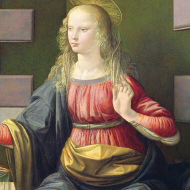 „Die Verkündigung“ (ca. 1472), Fragment. Andrea del Verrocchio und Leonardo da Vinci. Öl auf Holz (98X217 cm), Galleria degli Uffizi, Florenz. Überrascht empfängt Maria den Gruß des Erzengels
