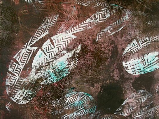 Neil Rumming, Manoeuvres (detail), 2012, acrylic, relief ink on canvas, 71 x 59 in (180 x 150 cm)
