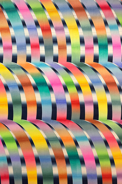 Takuji Hamanaka, Rainbow Maneuver (detail), 2023, cut and pasted woodblock-printed papers mounted to museum board, 32 x 25 1/2 inches. Courtesy of McKenzie Fine Art