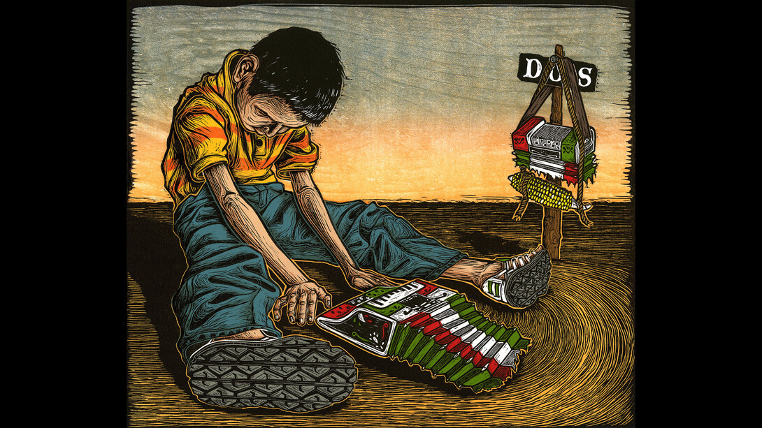 Juan de Dios Mora, Partido en Dos (Torn in Half), 2009, Linocut and woodcut, 15 x 16 in, 38.1 x 40.6 cm