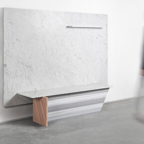 Robert Stadler, Cut_Paste #4A + #4B, 2013, marble, aluminium. Cut_Paste #4A : h150 l220 w11 cm / h59 l86.6 w4.3 in,
Cut_Paste #4B : h42.5 l170 w40 cm / h16.7 l67 w15.7 in, limited edition of 8 + 4 ap, Courtesy Carpenters Workshop Gallery 
