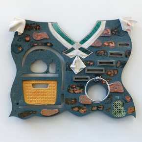 Sacha Ingber, Morning Routine, 2019. Glazed earthenware, vinyl, hydrocal, pigment, urethane, towel ring. 66 x 86.5 x 2.5 cm. Unique. Photographer: Jonathan Bassett. Courtesy the artist and Vitrine 