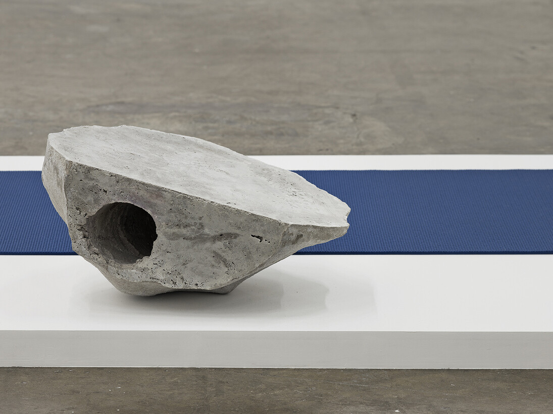 Chris Evans, Clerk of Mind, detail of CLODS, Diplomatic Letters showing CLOD I (light), 2012. Concrete, marble, pvc mat, painted wooden platform. Dimensions variable. Project Arts Centre, Dublin (2014)