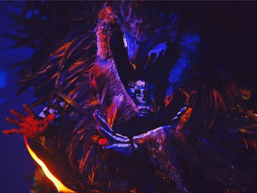 A cryptic feathered being with painted hands and ghostly markings in Mexico, reflecting the persistence of folklore through fear and ritual