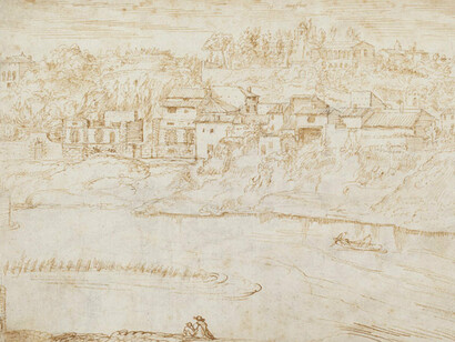 Netherlandish School, 16th Century, View of the Janiculum Hill in Rome, Seen from the Tiber, 1553, pen and ink over chalk, National Gallery of Art, Washington, Gift of Ladislaus and Beatrix von Hoffmann, 2011. Courtesy of National Gallery of Art